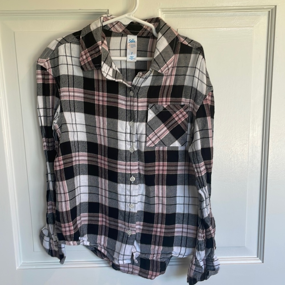 Justice long sleeved button down plaid shirt size 7